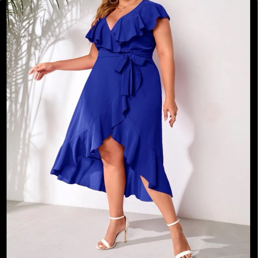 Boho Plus Size Ruffle Hem Wrap Belted Maxi Dress Blue or Pink - Picture 4 of 11